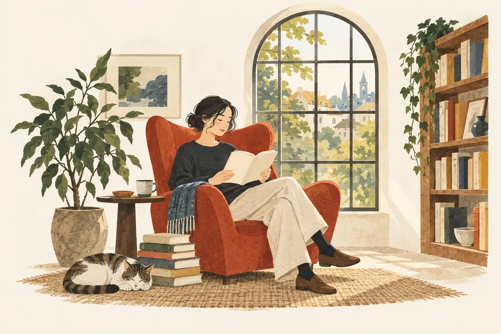 窓辺の椅子で本を読む、穏やかな読書の時間